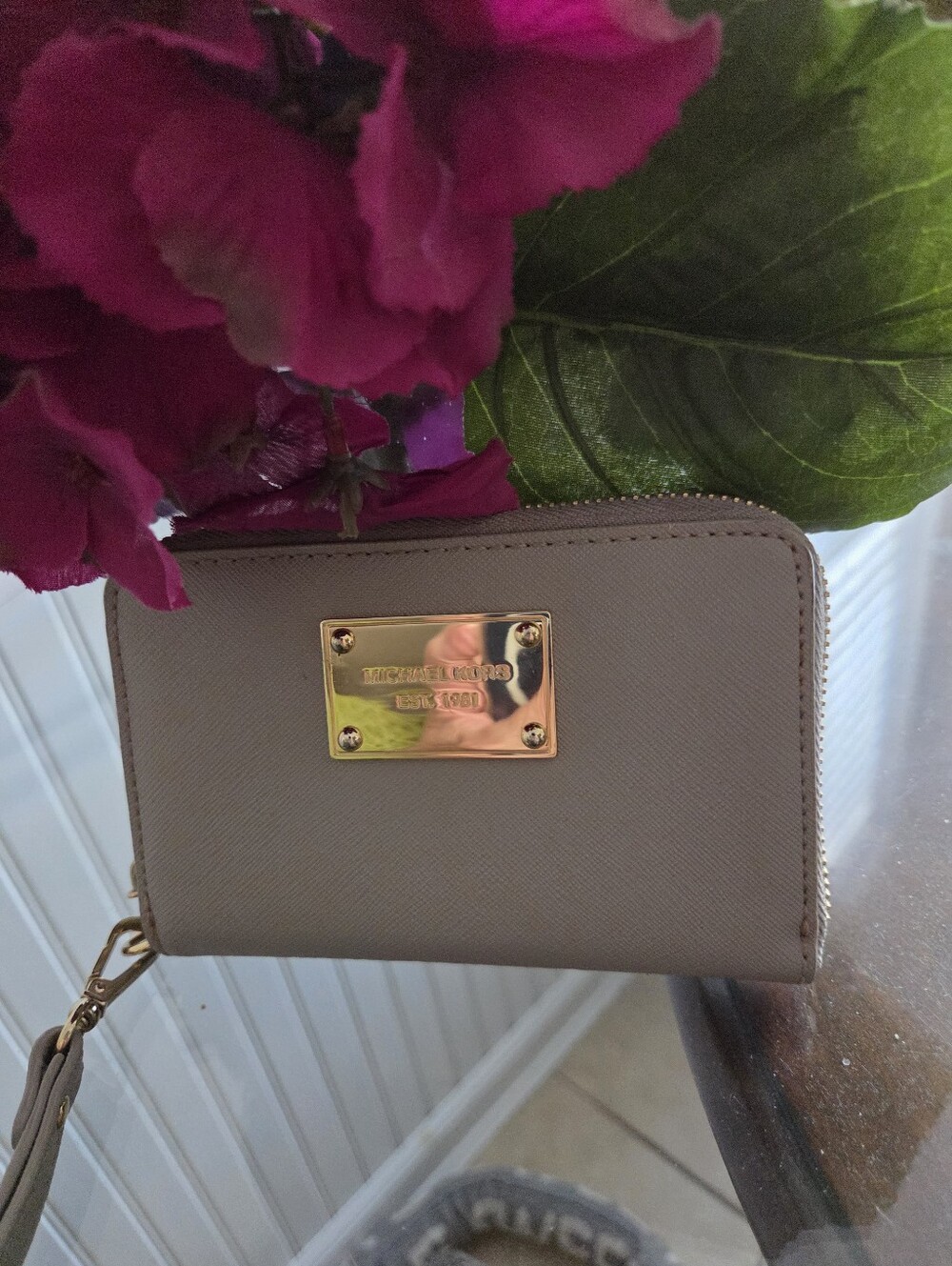 Michael Kors Gray Zip-Around Wristlet Wallet with Gold Plaque NWOT